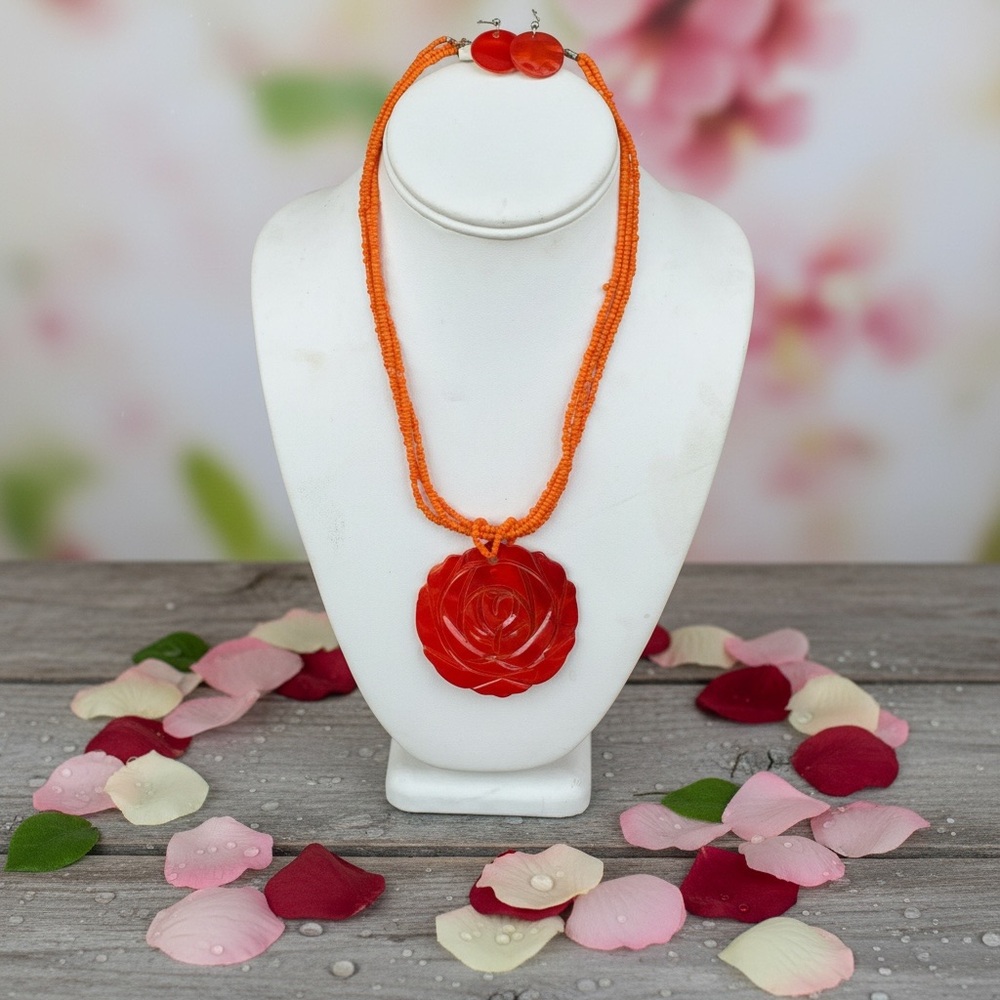 Mar y Sol Handcrafted Orange & Red Rose Pendant Necklace casual vacation cruise